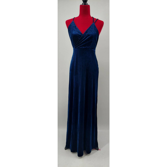 LULU'S SZ S Whimsical Romance Dark Blue Velvet Faux-Wrap Maxi Dress NEW B38 - Picture 2 of 10